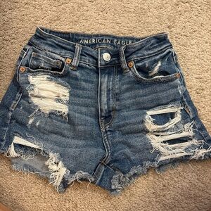 American Eagle Outfitters Distressed Dark Blue High-Rise Jean Shorts